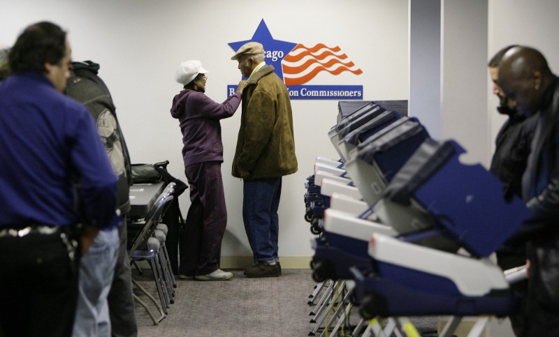 Alice Griffen, 77, and her husband John Sims, 80, vote in the 2008 Illinois primary during the Chicago Board of Election Commissioners, grace period Thurdsay, Jan. 17, 2008, in Chicago. CREDIT: AP Photo/M. SpencerĀ Green