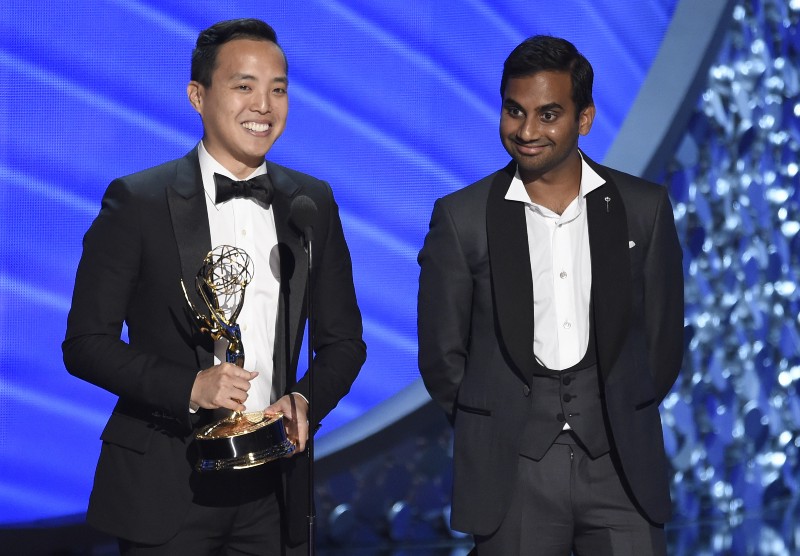 Alan Yang and Aziz Ansari at the 2016 Emmy Awards. CREDIT: CHRIS PIZZELLO/INVISION/AP