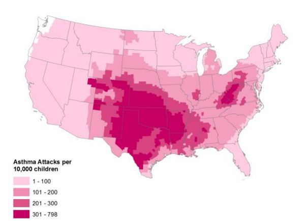 Asthma Attack Risk by County CREDIT: GASPING FOR BREATH/CLEAN AIR TASK FORCE