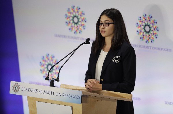 Yusra Mardini, a swimmer for the Refugee Olympic Team, speaks during the Leaders Summit on Refugees in September 2016. CREDIT: AP PHOTO/ CAROLYN KASTER