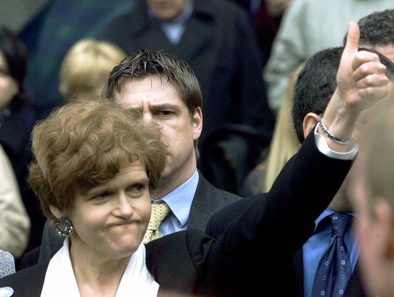 Deborah Lipstadt celebrates outside London’s High court on Tuesday April 11, 2000 after she won the case brought against her and her publisher, Penguin Books, by British historian David Irving. CREDIT: AP Photo/Adam Butler