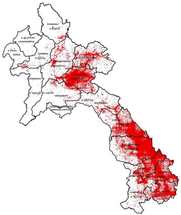 A map showing the location of bombing runs in Laos based on U.S. bombing records. NATIONAL REGULATORY AUTHORITY FOR UXO/MINE ACTION SECTOR IN LAO PDR