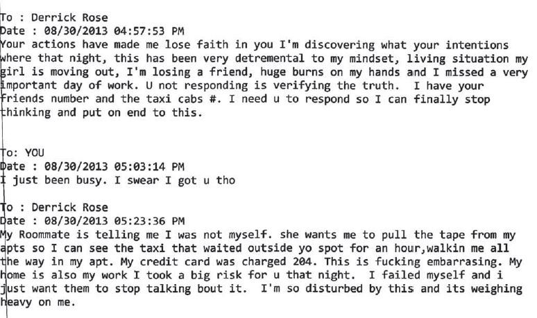 Texts between Jane Doe and Derrick Rose on August 30, 2013.