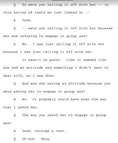An excerpt from Derrick Rose’s deposition. He is talking about an occurrence in June 2013, when he invited Doe to his hotel to engage in group sex with his friend and his friend’s girlfriend.