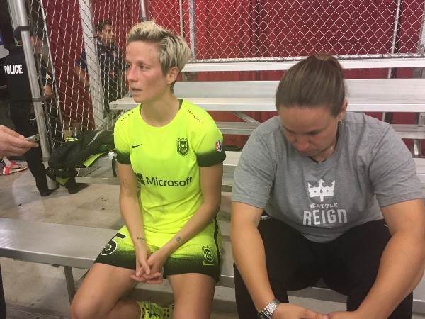 Rapinoe and Harvey talking to media after the game. CREDIT: LINDSAY GIBBS