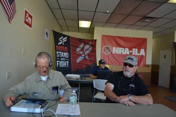 Robert Uithoven (left) and NRA members at the Nevadans for Freedom’s Reno office. CREDIT: Kira Lerner