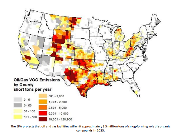 VOC Emissions from Oil and Gas Sources by County CREDIT: GASPING FOR BREATH/CLEAN AIR TASK FORCE