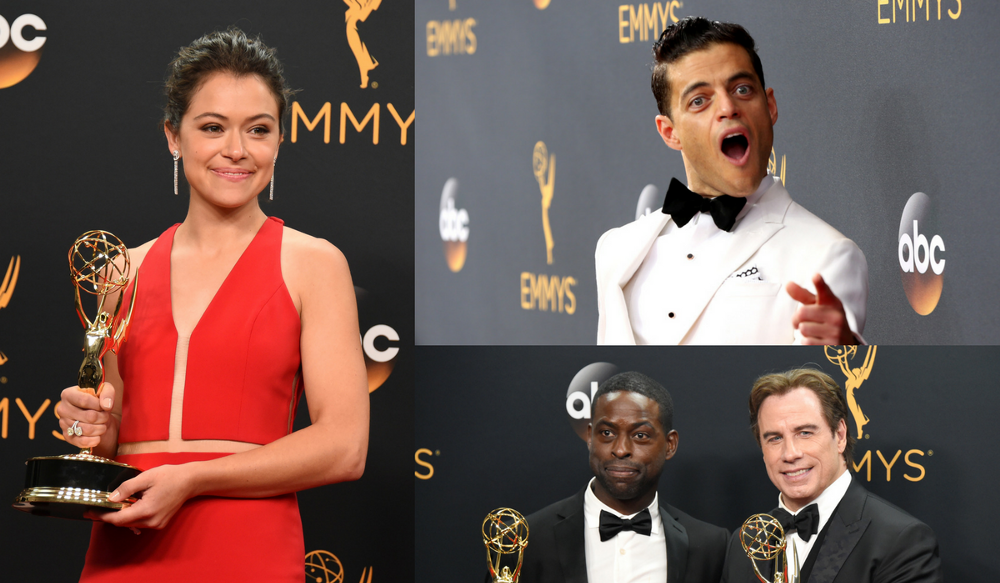 Tatiana Maslany, Rami Malek, Sterling K. Brown, and John Travolta. CREDITS: JORDAN STRAUSS/RICH FURY/PHIL MCCARTEN/INVISION/AP