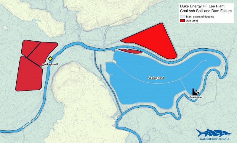 A huge area around and including Duke’s coal ash ponds were flooded, even while the company denied that any coal ash was escaping into nearby waterways. CREDIT: Waterkeeper Alliance