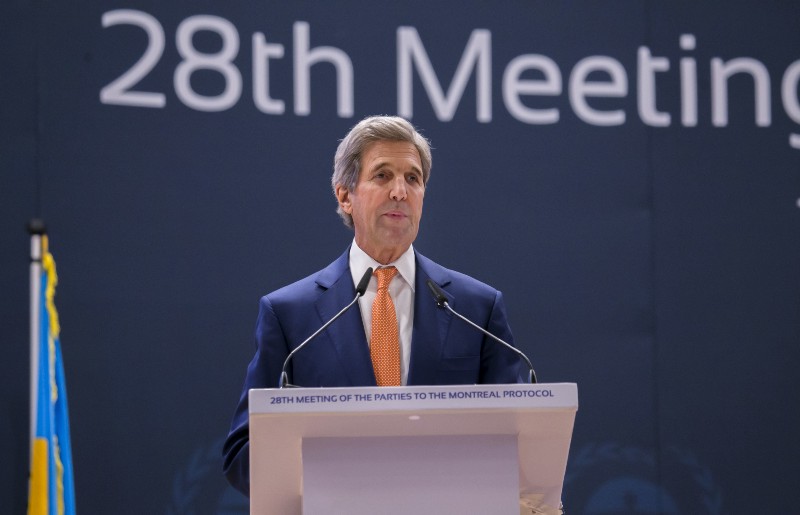 Secretary of State John Kerry delivers a speech to the 28th Meeting of the Parties to the Montreal Protocol on Substances that Deplete the Ozone Layer. CREDIT: AP Photo