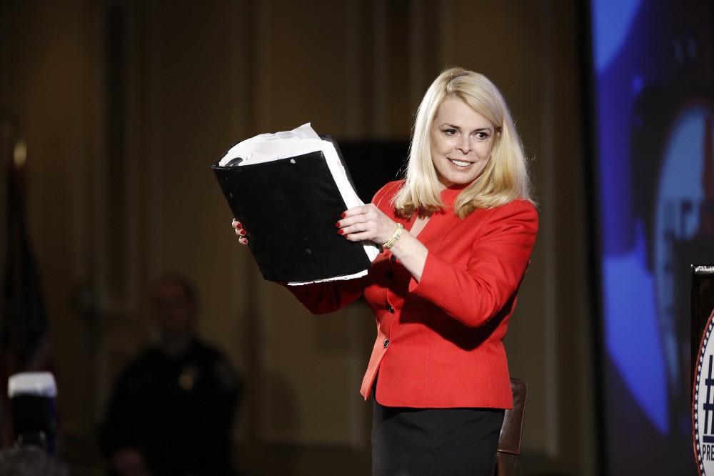 Betsy McCaughey speaks Saturday, Jan. 23, 2016, at the New Hampshire Republican Party summit in Nashua, N.H. CREDIT: AP Photo/Matt Rourke