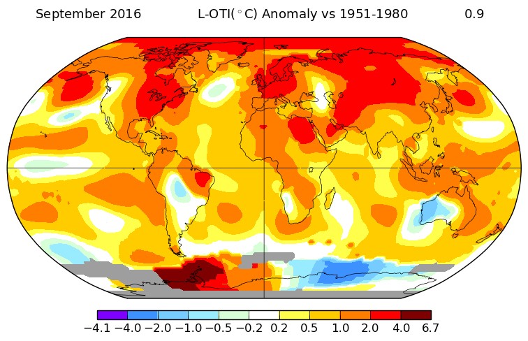 How September temperatures differed from 1951–1980 average. Credit: NASA.
