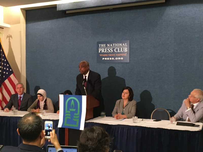 From left to right: Tony Schwartz (far left), Linday Sarsour, Cristina Jimenez, Wade Henderson (center), Marielena Hincapie, Alex Nogales (far right) speak out against Republican presidential candidate Donald Trump’s harsh rhetoric at the National Press Club. CREDIT: Esther Yu Hsi Lee