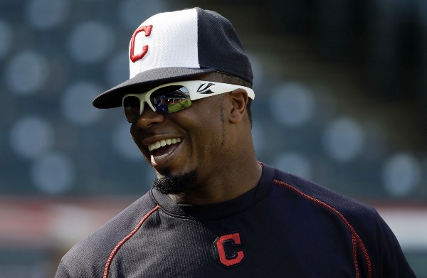 Cleveland center fielder Rajai Davis sports the Block C logo. CREDIT: AP Photo/Matt Slocum