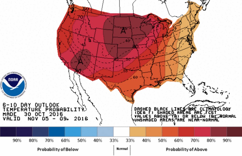 NOAA projects a very warm outlook for November 5 to 9. CREDIT: National Oceanic and Atmospheric Administration