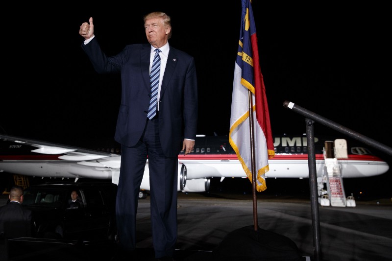 Republican presidential nominee Donald Trump arriving at a rally in North Carolina on Wednesday. CREDIT: AP Photo/ Evan Vucci