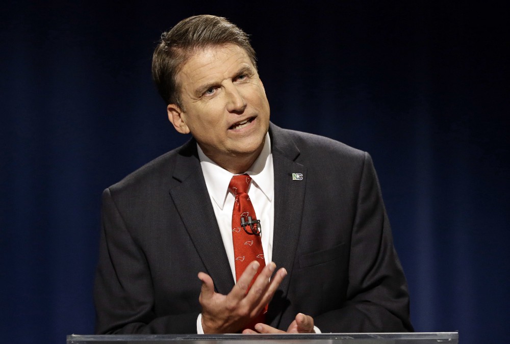 North Carolina Republican Gov. Pat McCrory makes a comment while participating in a live televised gubernatorial debate with Democratic challenger Attorney General Roy Cooper at UNC-TV studios in Research Triangle Park, N.C., Tuesday, Oct. 11, 2016. CREDIT: AP Photo/Gerry Broome, Pool