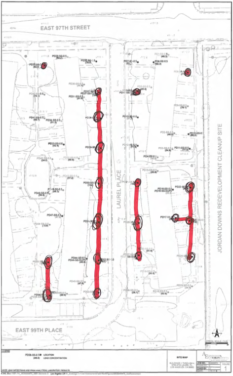 A map of HACLA’s testing with Harnden’s markings of all readings at 80 ppm or more