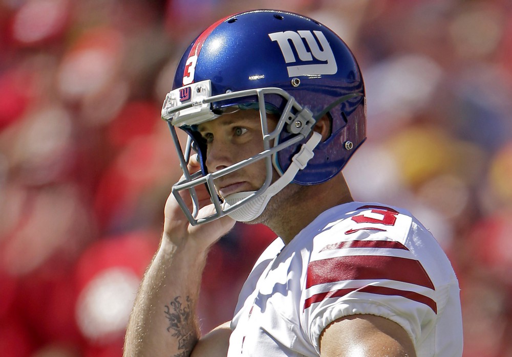 New York Giants kicker Josh Brown reacts after missing a field goal during the first half of an NFL football game against the Kansas City Chiefs at Arrowhead Stadium in Kansas City, Mo. in 2013. CREDIT: AP Photo/Charlie Riedel