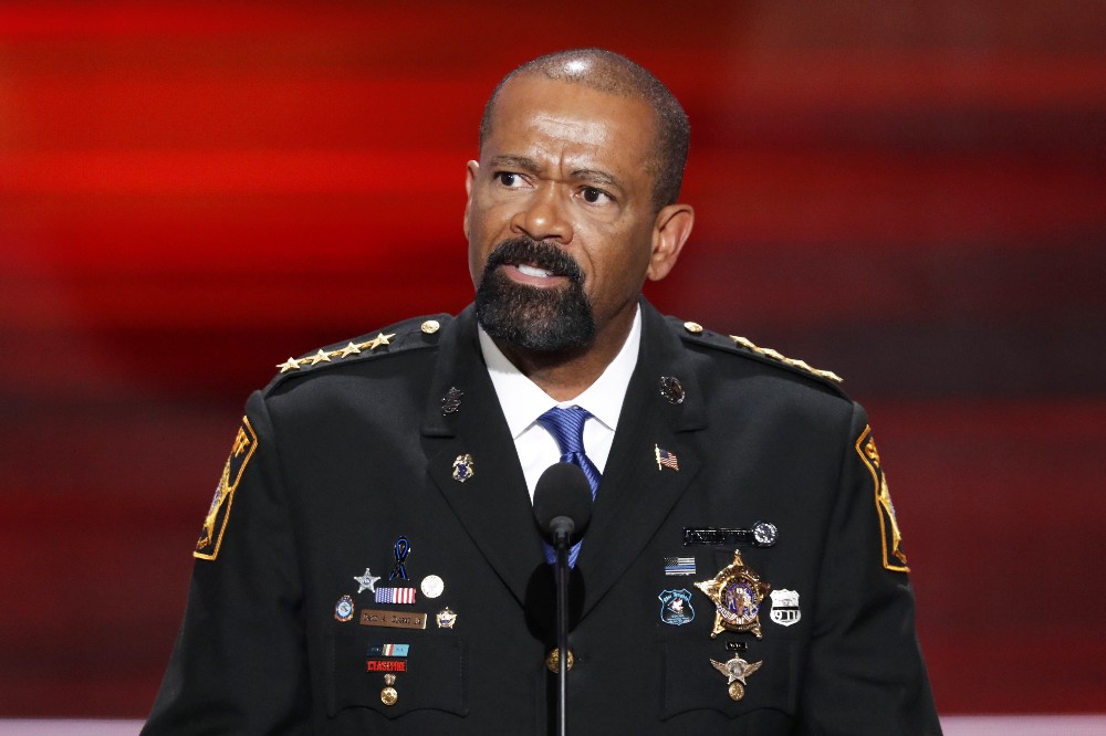 David Clarke, Sheriff of Milwaukee County, Wis., speaks during the opening day of the Republican National Convention in Cleveland, Monday, July 18, 2016. CREDIT: AP Photo/J. Scott Applewhite