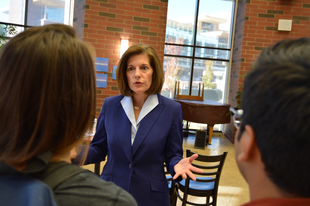 Senate candidate Catherine Cortez Masto speaks with students at the University of Nevada, Reno. CREDIT: Kira Lerner