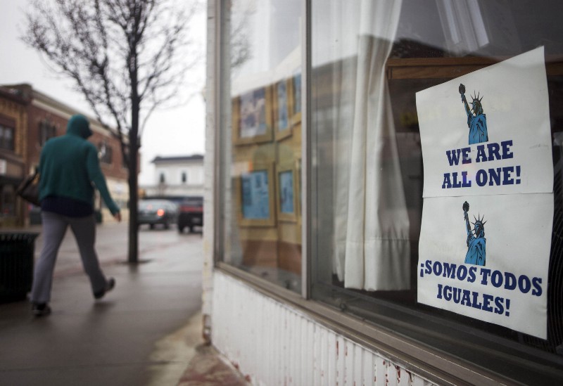 A Patchogue storefront promotes equality during the trial of 19-year-old Jeffrey Conroy, who murdered Marcelo Lucero. CREDIT: AP Photo/David Goldman
