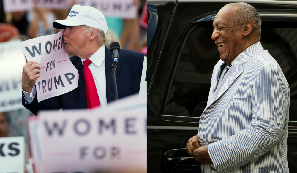 Left: Donald Trump at a campaign rally on Wednesday, October 12, 2016, in Lakeland, Florida. CREDIT: AP Photo/Evan Vucci. Right: Bill Cosby arrives for a pretrial hearing in his sexual assault case at the Montgomery County Courthouse in Norristown, Pennsylvania on Tuesday, September 6, 2016. CREDIT: AP Photo/Matt Rourke