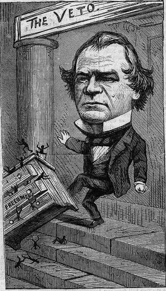 An 1866 Thomas Nast cartoon mocks President Andrew Johnson for vetoing the Freedman’s Bureau bill.