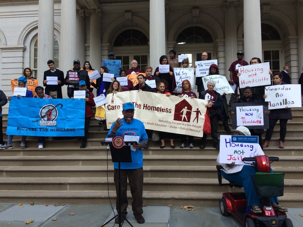Floyd Parks speaking at a launch event for a new report on the criminalization of homelessness. CREDIT: Bryce Covert