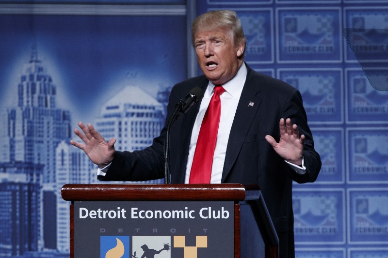 Donald Trump giving an economic policy speech in Detroit in August. CREDIT: AP Photo/Evan Vucci