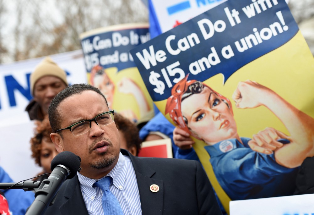 Rep. Keith Ellison, D-Minn. speaks at a rally on Capitol Hill in Washington, Thursday, Nov. 13, 2014, held by low-wage contract workers. CREDIT: AP Photo/Molly Riley