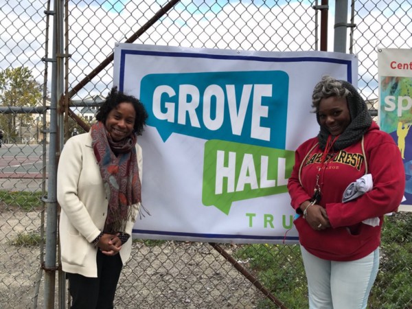 Councilor Andrea Campbell with a constituent. CREDIT: Office of Andrea Campbell