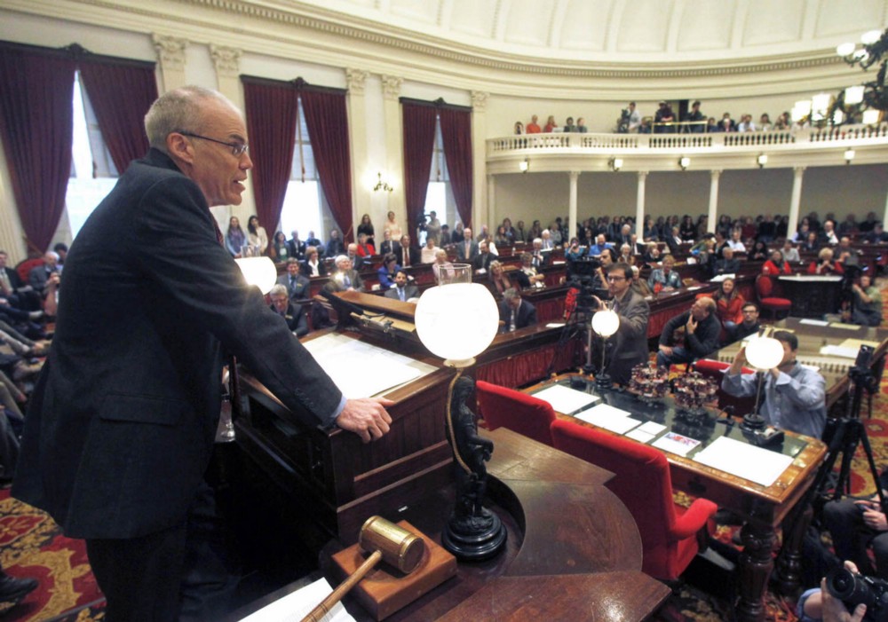 Climate activist Bill McKibben addresses the Vermont legislature in 2013. CREDIT: AP/Toby Talbot.