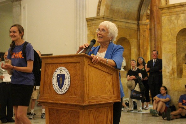 Senator Marc Pacheco and Senator Pat Jehlen speaking at a 350 Mass Action climate rally. CREDIT: Better Future Project/350 Mass Action
