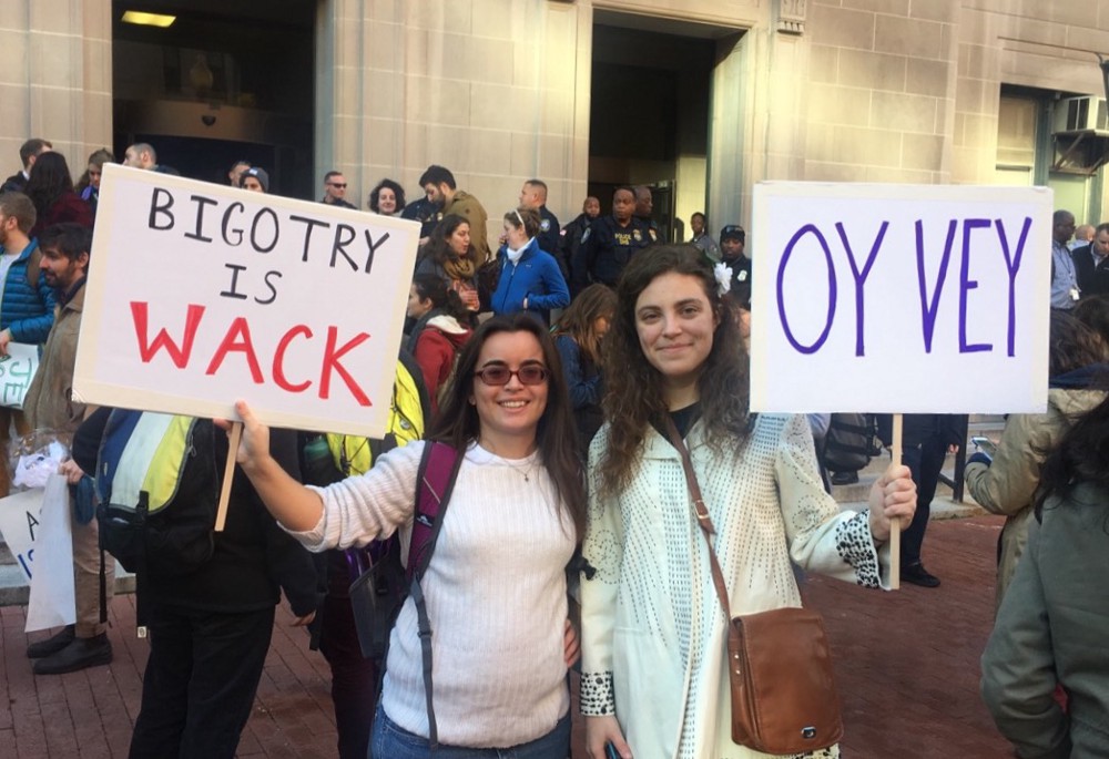 Two Jewish protesters outside Trump’s transition offices in Washington, DC. CREDIT: Kira Lerner