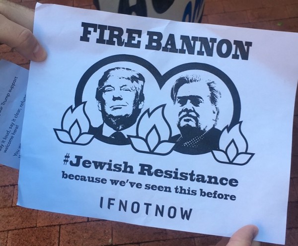 Protesters outside Trump’s transition headquarters and a flier IfNotNow handed out. CREDIT: Kira Lerner