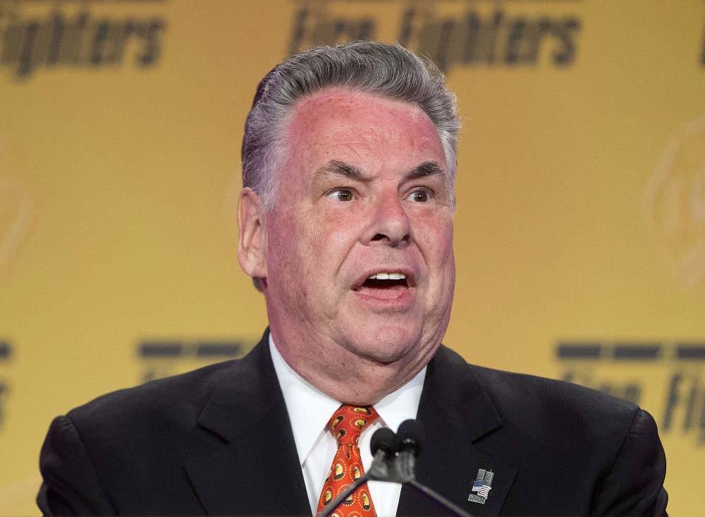 Rep. Peter King, R-NY. speaks at the International Association of Firefighters (IAFF) Legislative Conference and Presidential Forum in Washington, Tuesday, March 10, 2015 CREDIT: AP Photo/Pablo Martinez Monsivais