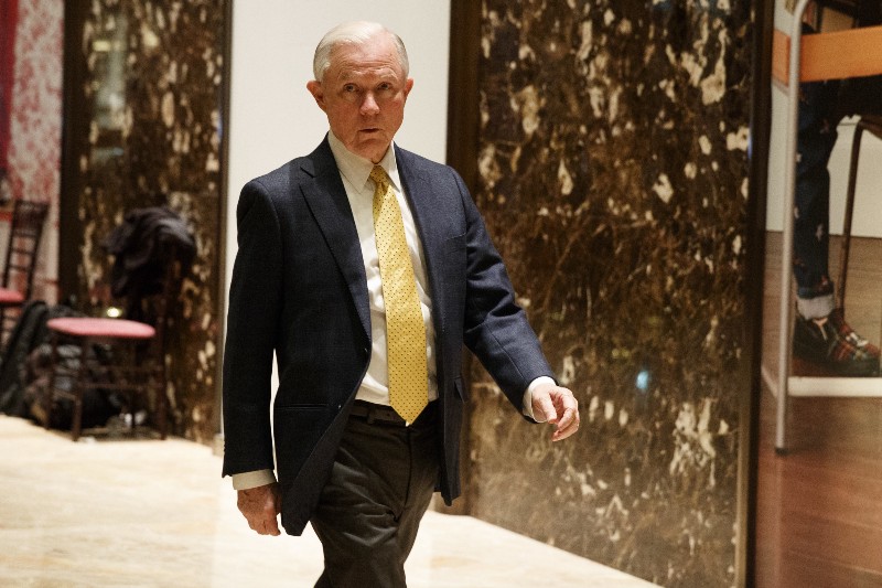 Sen. Jeff Sessions (R-AL), talks with reporters as he arrives at Trump Tower, Monday, Nov. 14, 2016, in New York. CREDIT: AP Photo/ Evan Vucci