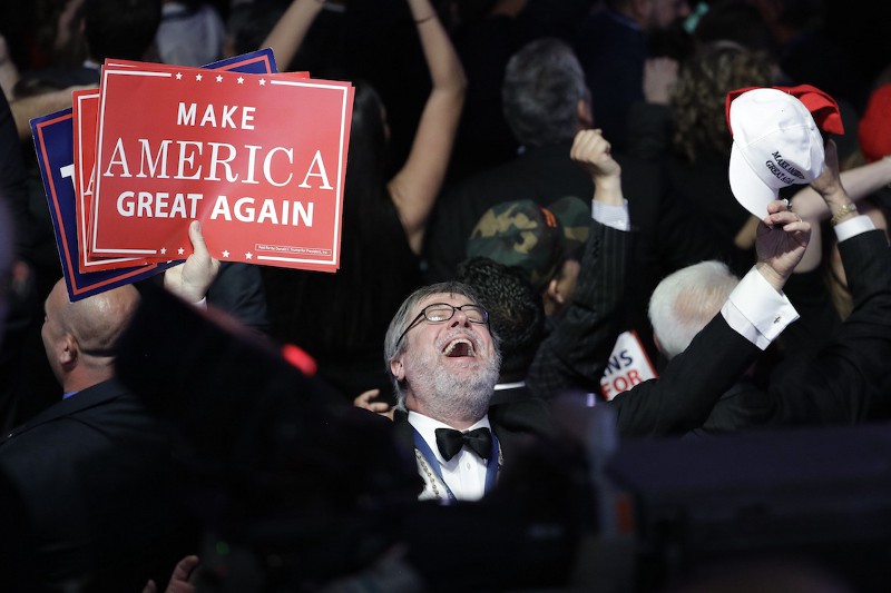 Supporters of Republican presidential candidate Donald Trump react as they watch the election results during Trump’s election night rally, Tuesday, Nov. 8, 2016, in New York. CREDIT: AP/John Locher