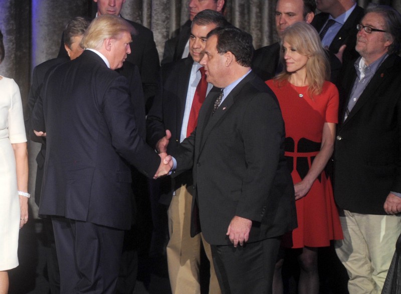 President-elect Donald Trump shakes hands with New Jersey Gov. Chris Christie on election night. Christie is widely considered a short-list candidate for Attorney General. CREDIT: Dennis Van Tine/STAR MAX/IPx