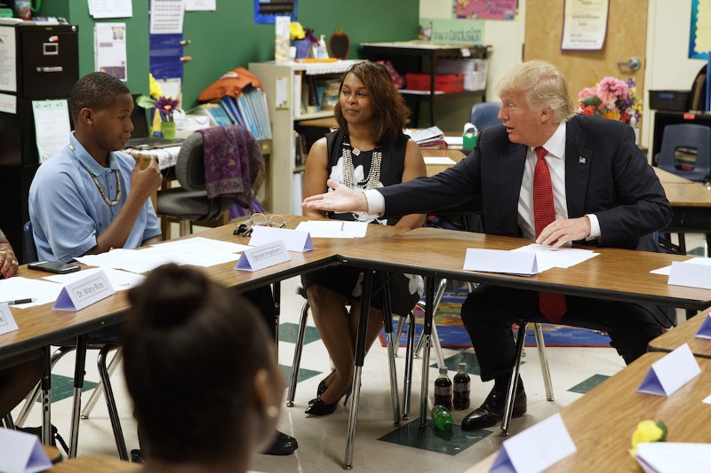 Republican presidential candidate Donald Trump at Cleveland Arts and Social Sciences Academy in Cleveland. CREDIT: AP/Evan Vucci