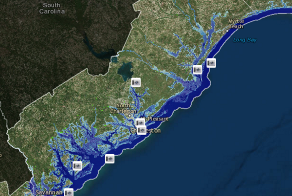 South Carolina’s current coastline (right) and coastline after 5 feet of sea level rise (left). CREDIT: NOAA