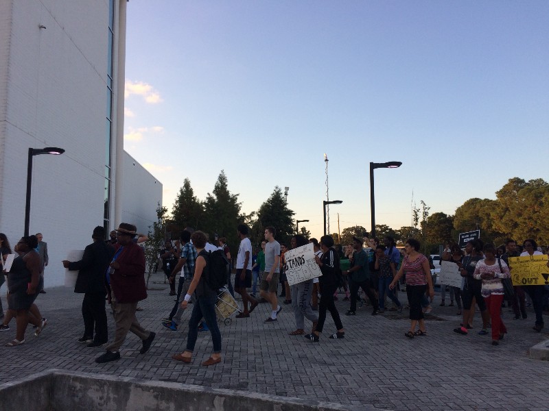Protesters march through Dillard University campus to confront Republican Senate candidate David Duke. CREDIT: Aviva Shen