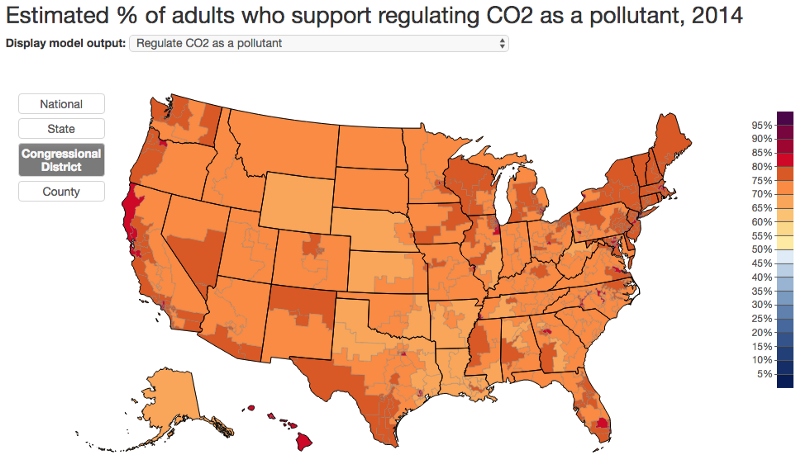 Support for regulating carbon dioxide as a pollutant by congressional district. CREDIT: Yale/George Mason University