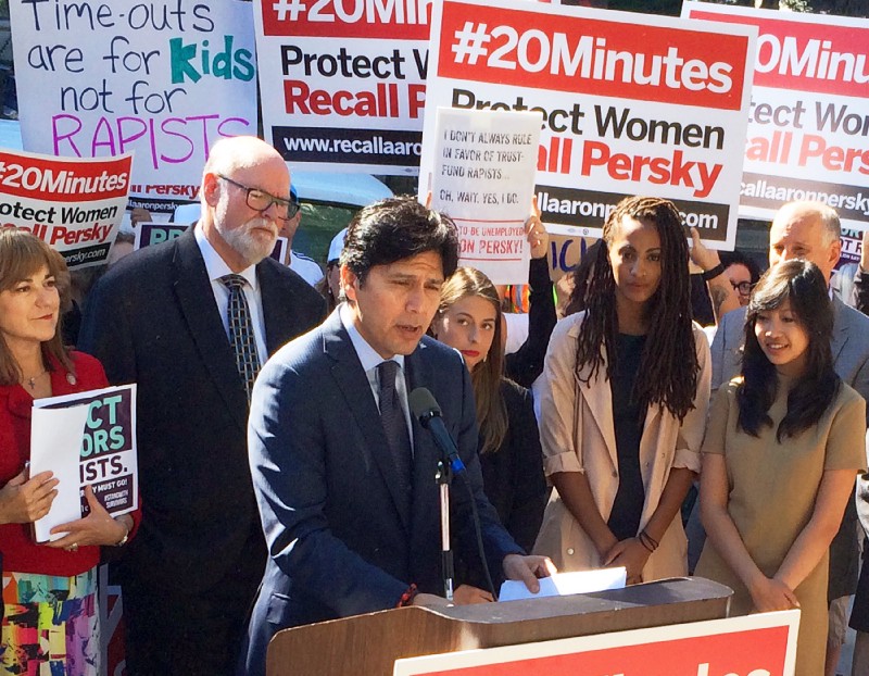 California state Senate president Kevin De Leon calls for the removal of Santa Clara County Judge Aaron Persky from the bench, at a protest outside the Santa Clara County Jail in San Jose, Calif., Friday, Sept. 2, 2016., because of the six-month jail term he sentenced Brock Turner to for a sexual assault conviction. CREDIT: AP Photo/Paul Elias