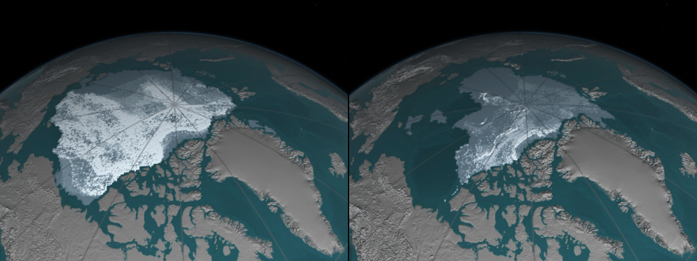 The Arctic in September 1984 (left) and September 2016 (right). CREDIT: NASA