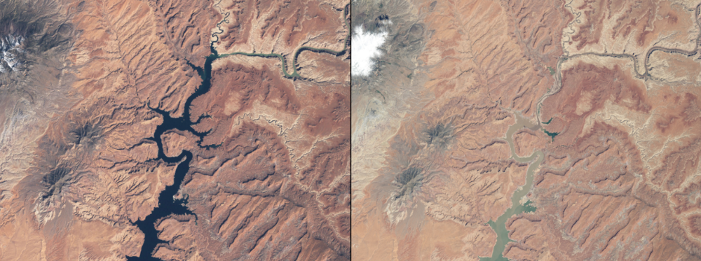 Lake Powell in March 1999 (left) and May 2014 (right). CREDIT: NASA