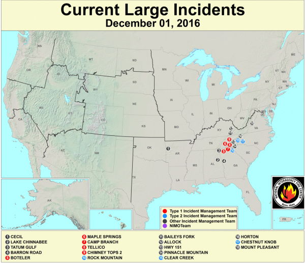 The Southeast has a cluster of ongoing wildfires, according to the Forest Service. Large incidents are wildfires covering at least 100 acres in wooded areas or at least 300 acres in grasslands. CREDIT: USDA Forest Service