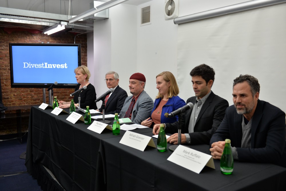 Panel of speakers, including Lou Allstadt (second from left) at the DivestInvest press conference on December 12. CREDIT: Fenton