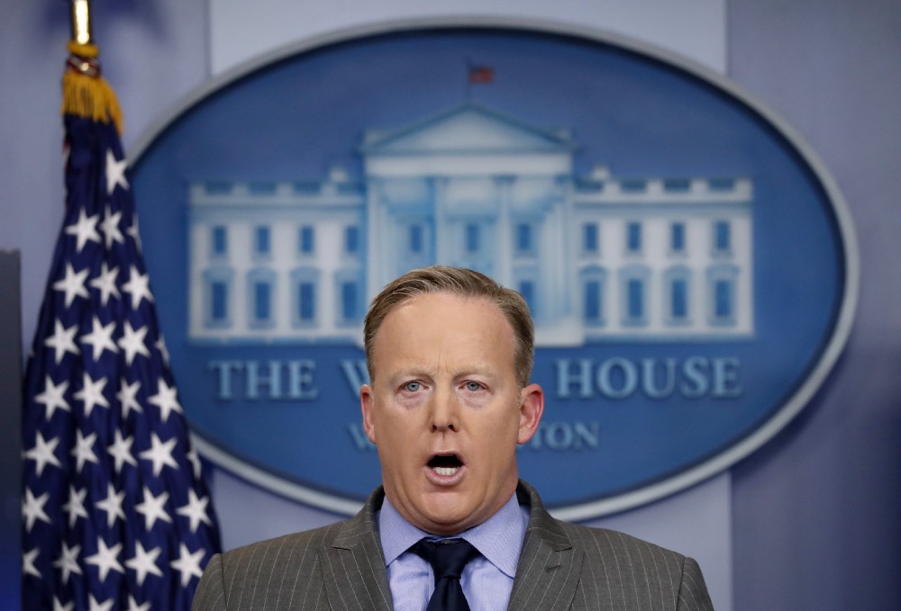 White House press secretary Sean Spicer speaks in the press briefing room at the White House, Saturday, Jan. 21, 2017 in Washington. CREDIT: AP Photo/Alex Brandon